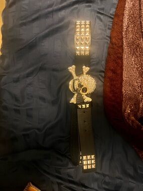 Black Studded Belt with Crystal Skull Buckle